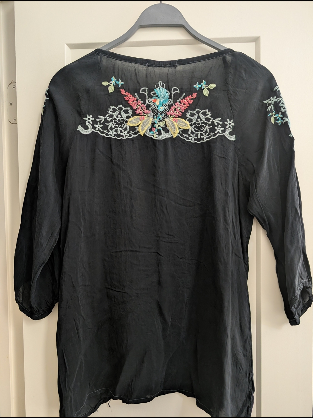 Johnny Was Black Tunic with Multicolor Floral Bird Embroidery Size S - Picture 6 of 8
